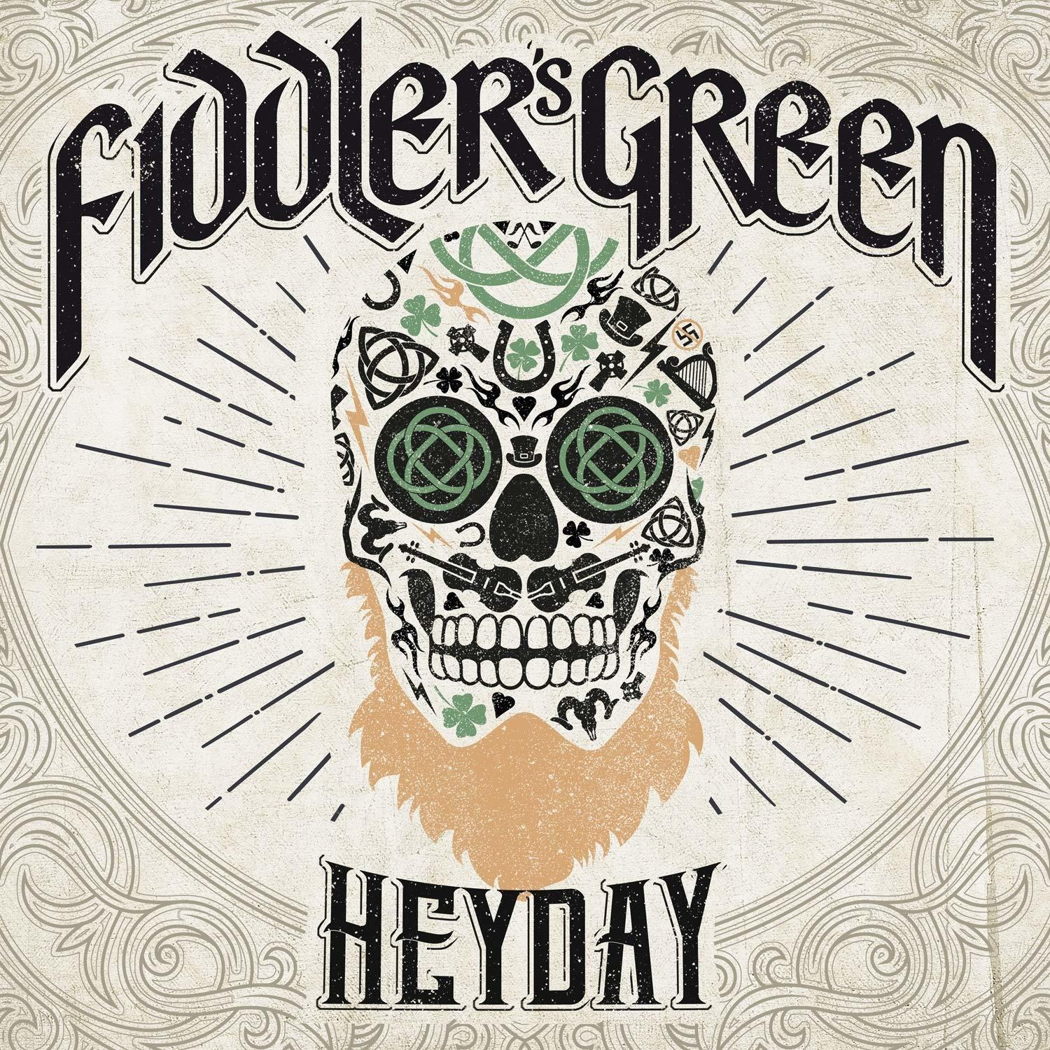 Albumcover mit Totenkopf, verziert mit keltischen Knotenmustern. Text: Fiddler's Green, Heyday.