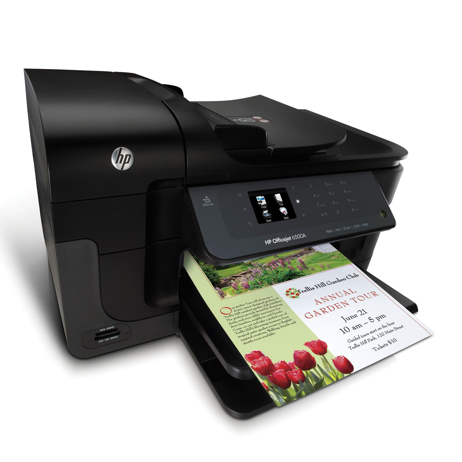 Impresora HP Officejet negra imprimiendo un folleto con tulipanes rojos.