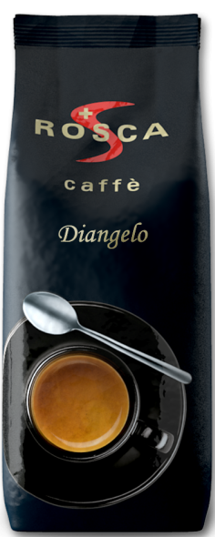 Paquet de café avec une tasse de café. Texte : Rosca caffè Diangelo, avec une cuillère sur la soucoupe.