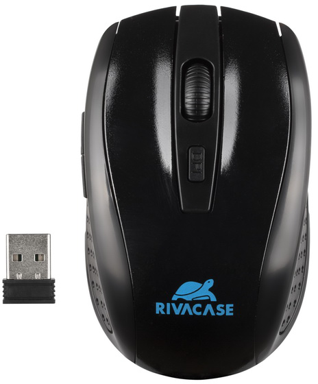 Fekete vezeték nélküli egér USB vevővel. Az egéren Rivacase logó látható.