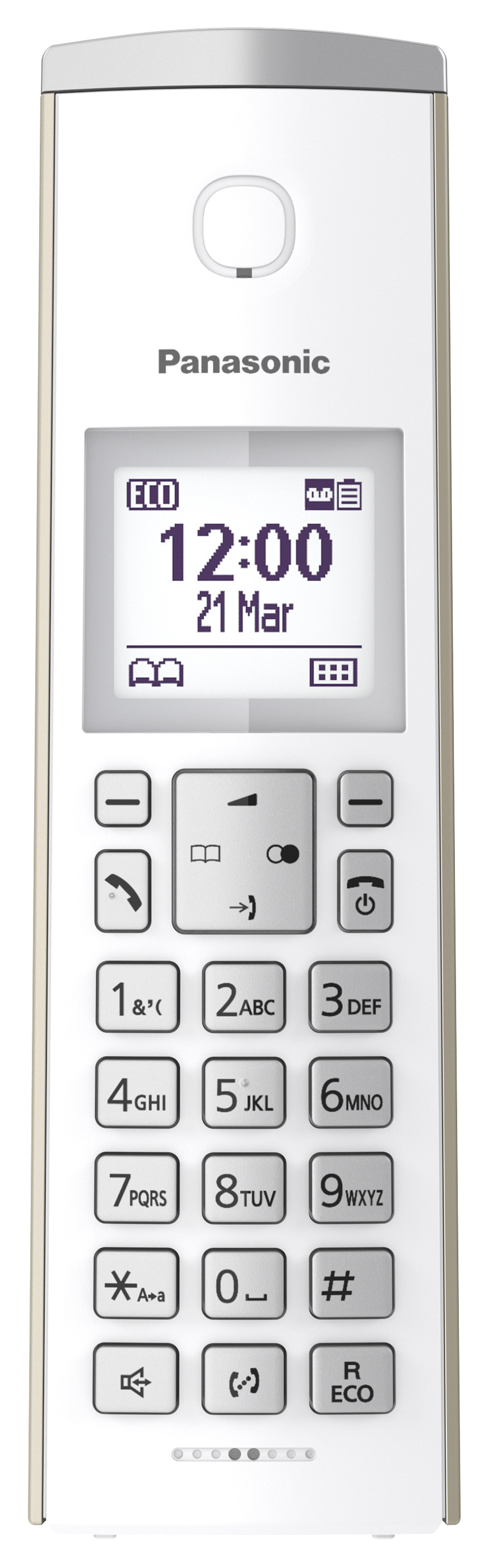 Weißes schnurloses Panasonic-Telefon mit Display. Tastatur und Tasten sind sichtbar.
