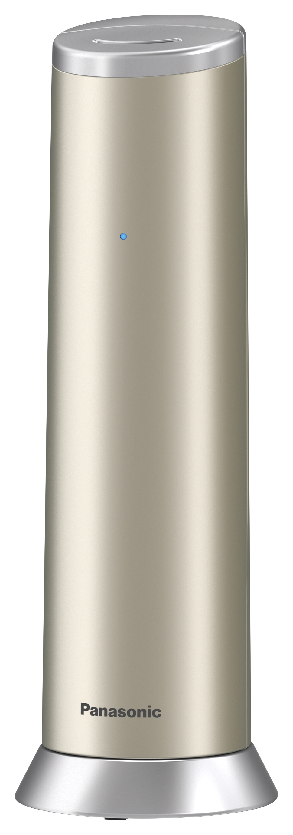 Ein goldfarbenes zylindrisches Gerät mit silbernem Deckel und Boden. Ein blaues Licht ist vorne an.