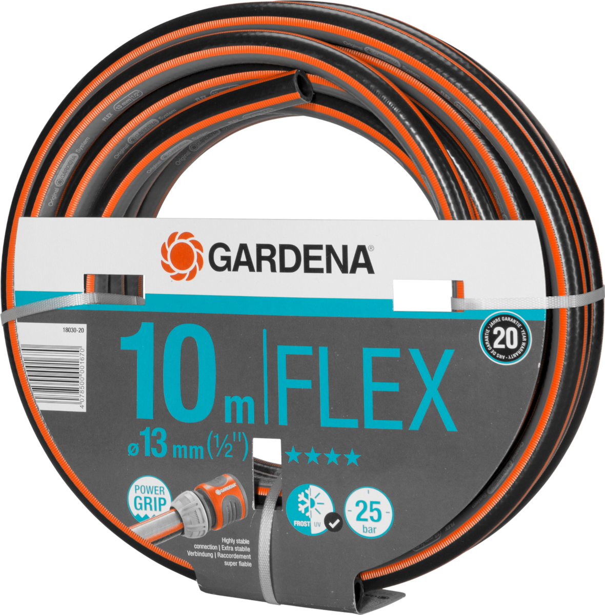 Gerollter schwarzer und orangefarbener GARDENA 10m Flex-Schlauch mit Produktinformationen. Der Schlauch ist auf weißem Hintergrund.