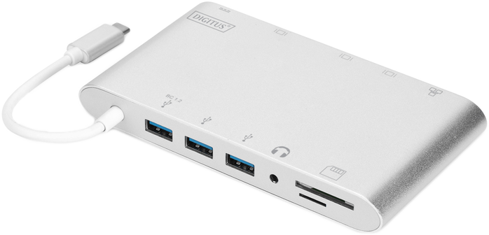 Egy ezüst USB hub több porttal és fehér kábellel. Letisztult dizájn.