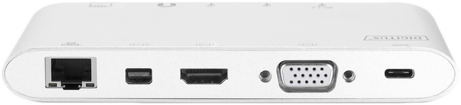 Fehér DIGITUS dokkolóállomás több porttal: Ethernet, MiniDP, HDMI, VGA, USB-C. A portok feketék, a készülék fehér háttéren.