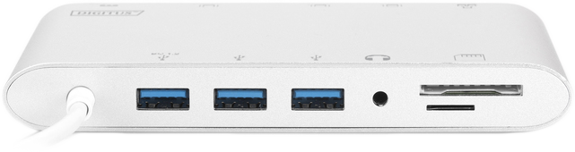 Ezüst multi-port USB hub USB portokkal és audio portokkal.
