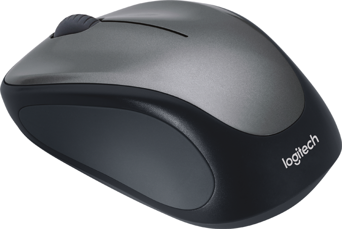Szürke és fekete Logitech vezeték nélküli egér. Fehér háttér előtt.