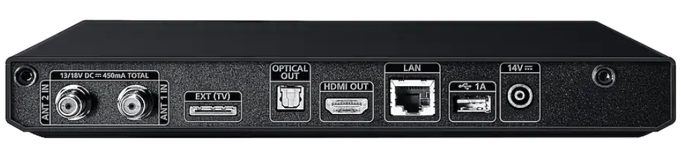 Rückansicht eines schwarzen Empfängers mit mehreren Anschlüssen. Anschlüsse sind: optisch, HDMI, LAN und USB.