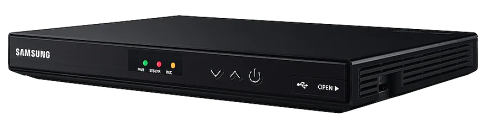 Schwarze Samsung Set-Top-Box mit grünen, roten und orangen Lichtern. Hat Strom-, Status- und Aufnahmeanzeigen.