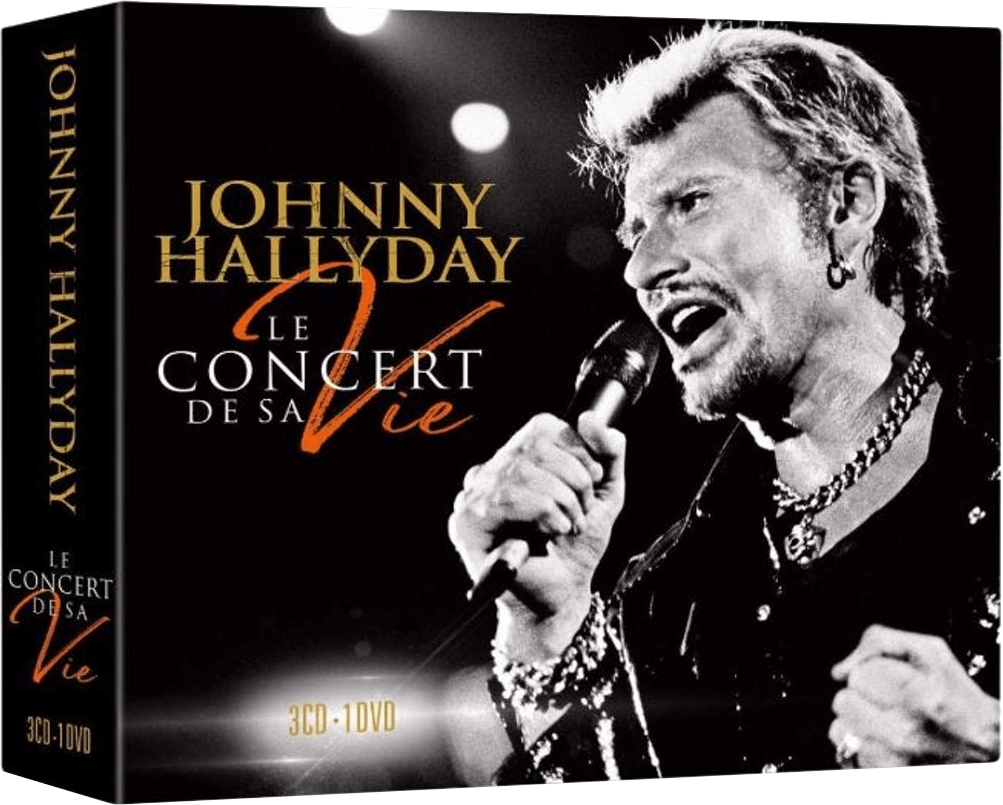 Johnny Hallyday concert DVD box. Zwarte cover met Johnny's afbeelding en concertdetails.