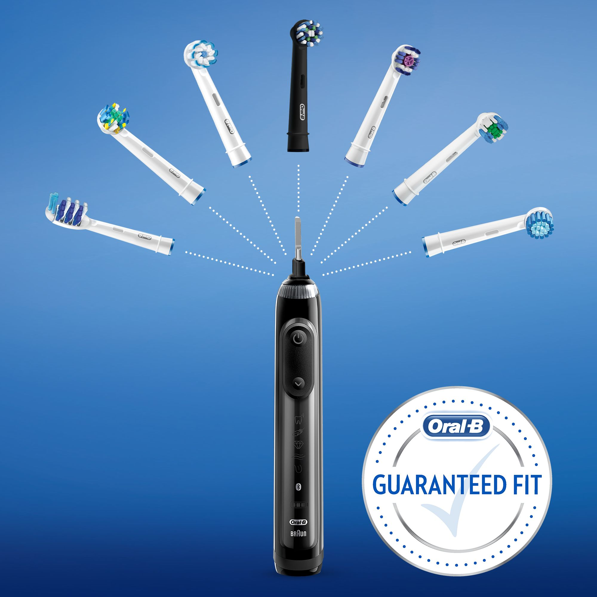 Elektrische Zahnbürste von Oral-B mit verschiedenen Bürstenköpfen.