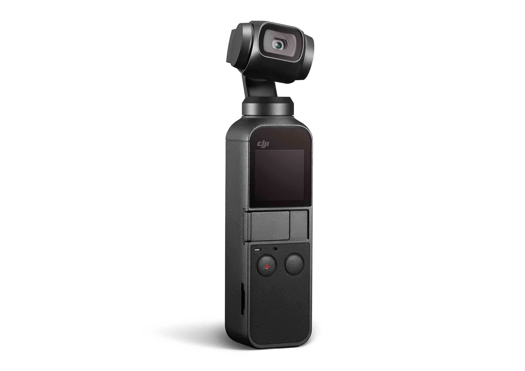 Black DJI Osmo Pocket camera. It has a screen and two buttons at the bottom.