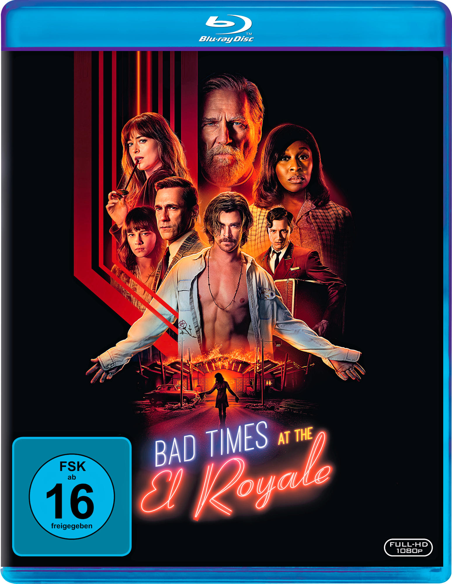 Filmcover mit Fotos der Besetzung, Titel 'Bad Times at the El Royale'.