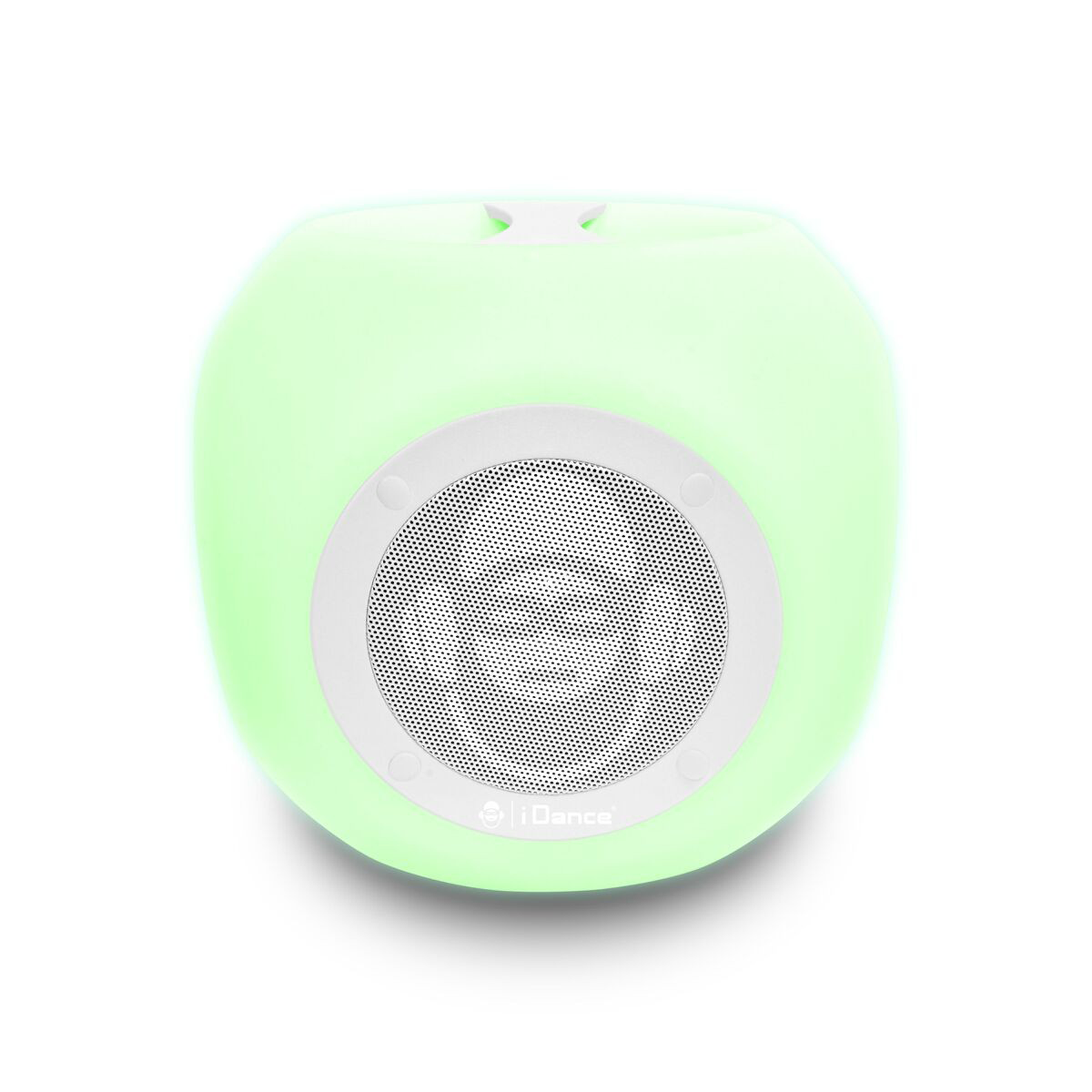Groene kubusvormige luidspreker met een witte luidsprekergrille in het midden.