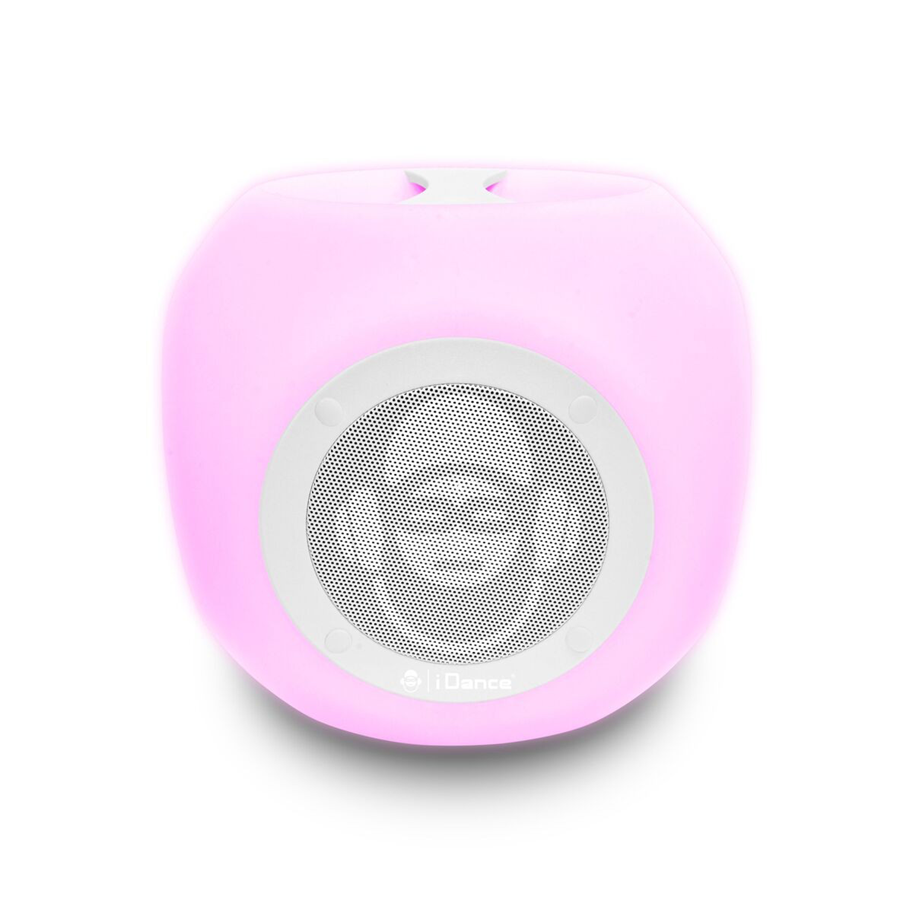 Roze kubusluidspreker met witte luidsprekergrille. iDance-logo onderaan. Witte achtergrond.
