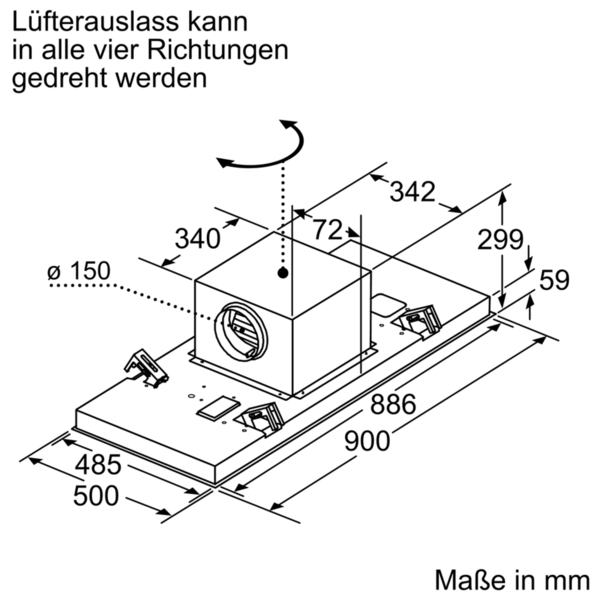 Technische Zeichnung eines rechteckigen Luftauslasses mit Maßen in mm.