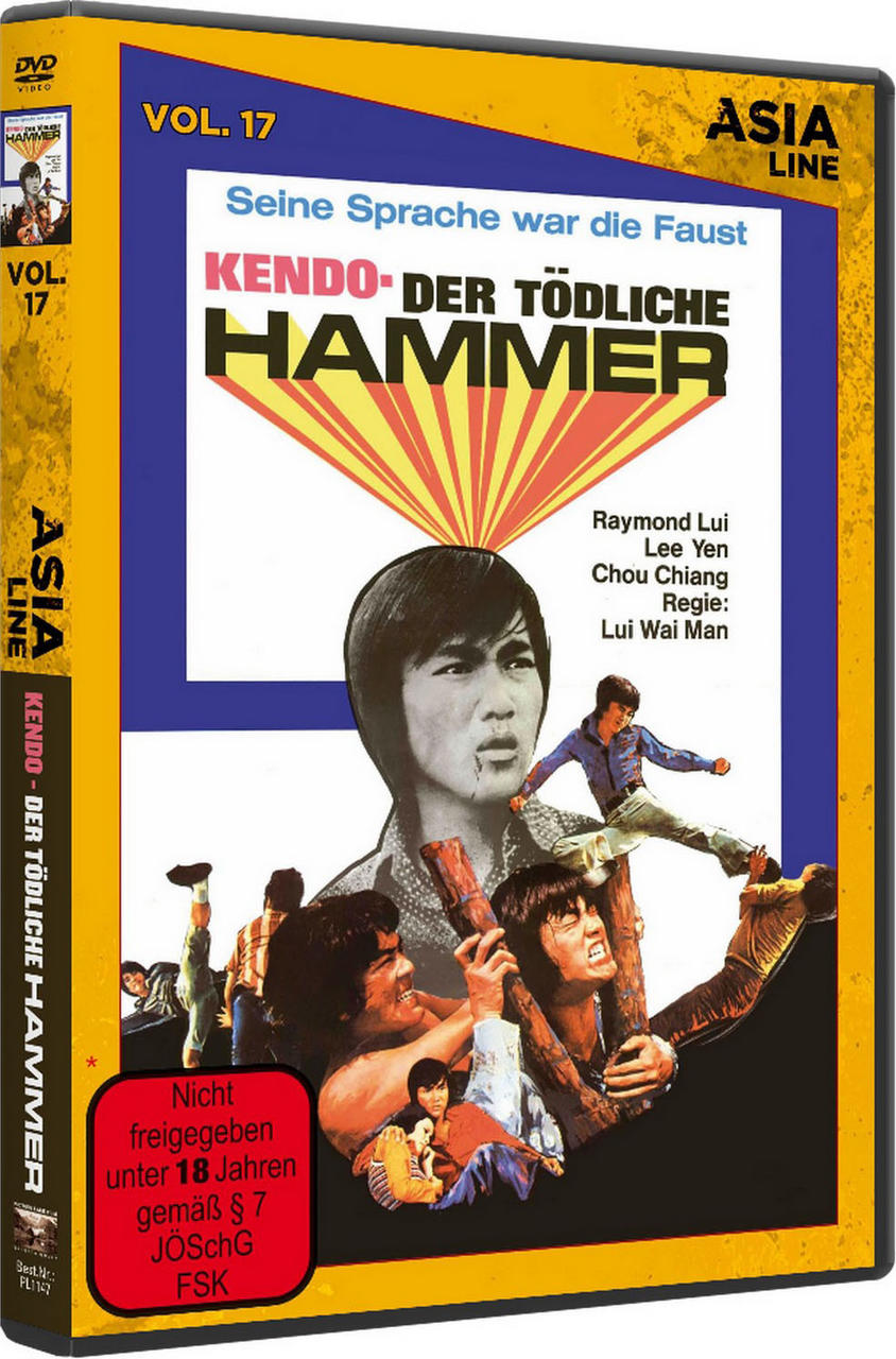 DVD-Cover mit einem Mann, Kampfszenen und Text auf gelbem Hintergrund.
