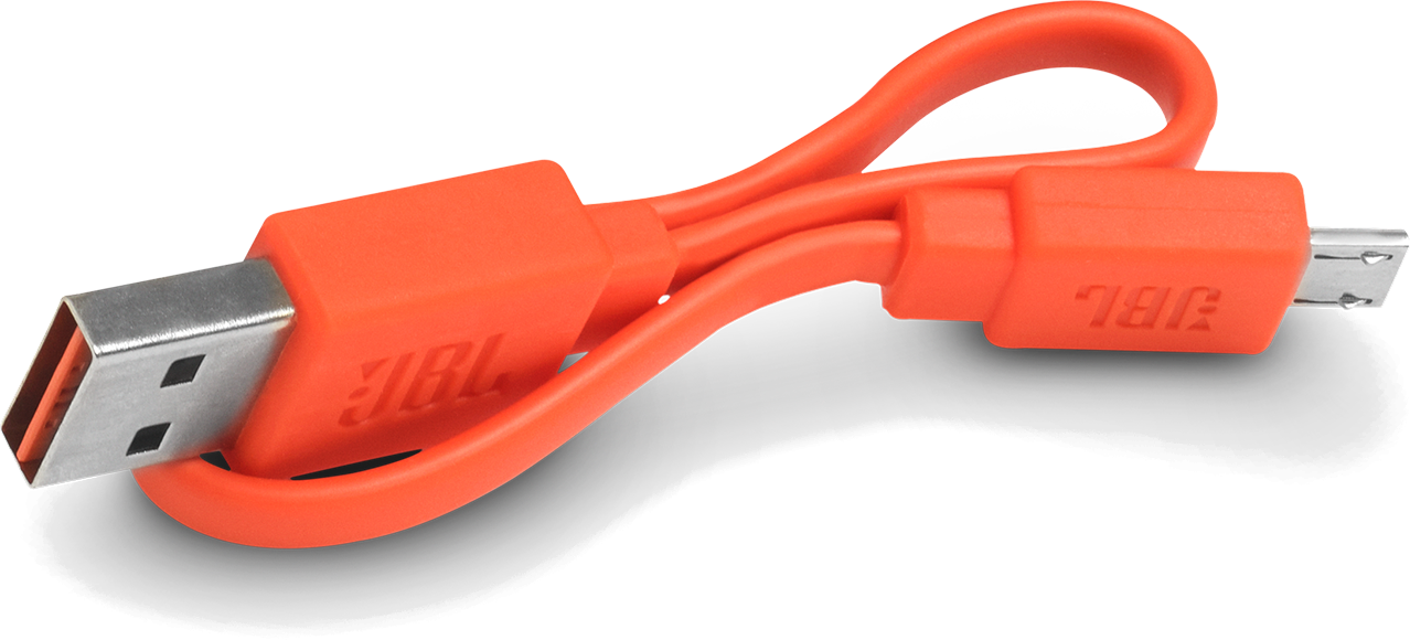Un câble de charge USB orange avec le logo JBL.