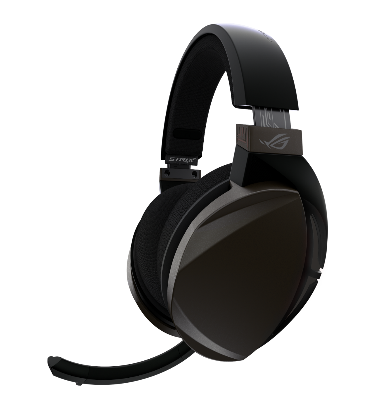 Auriculares para juegos negros. Está en ángulo hacia la izquierda. Los auriculares tienen un micrófono y el logotipo ROG es visible.