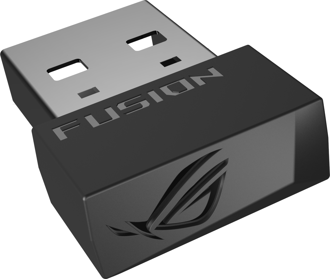 Dongle USB negro con 'FUSION' y un logo.