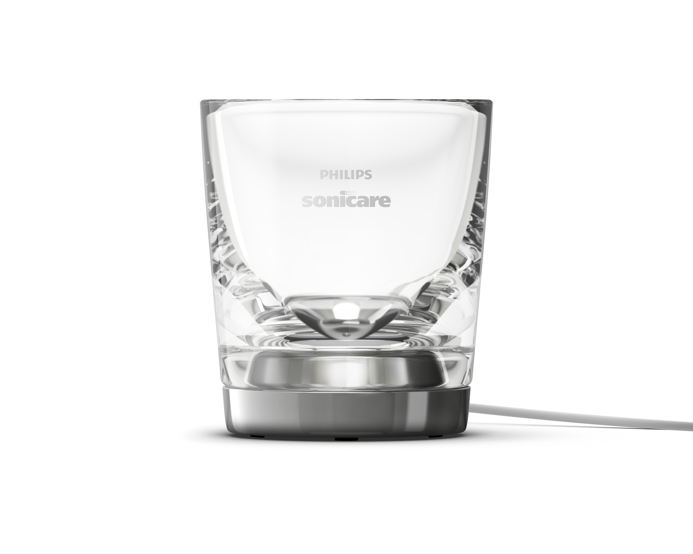Eine Philips Sonicare Glas-Ladestation mit weißem Kabel, isoliert auf Weiß.