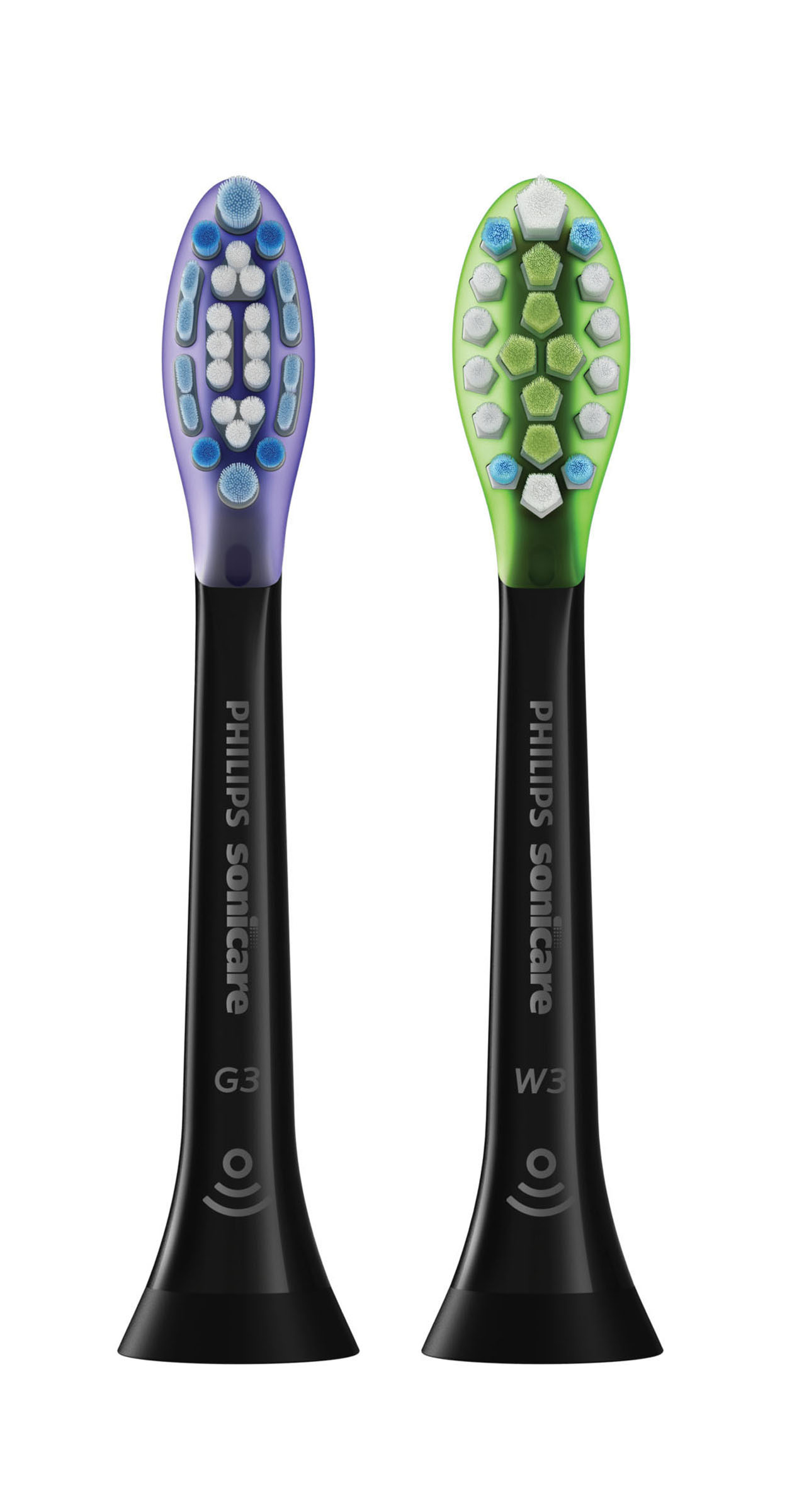 Zwei Philips Sonicare Zahnbürstenköpfe, lila und grün, auf schwarzen Griffen. Weißer Hintergrund.
