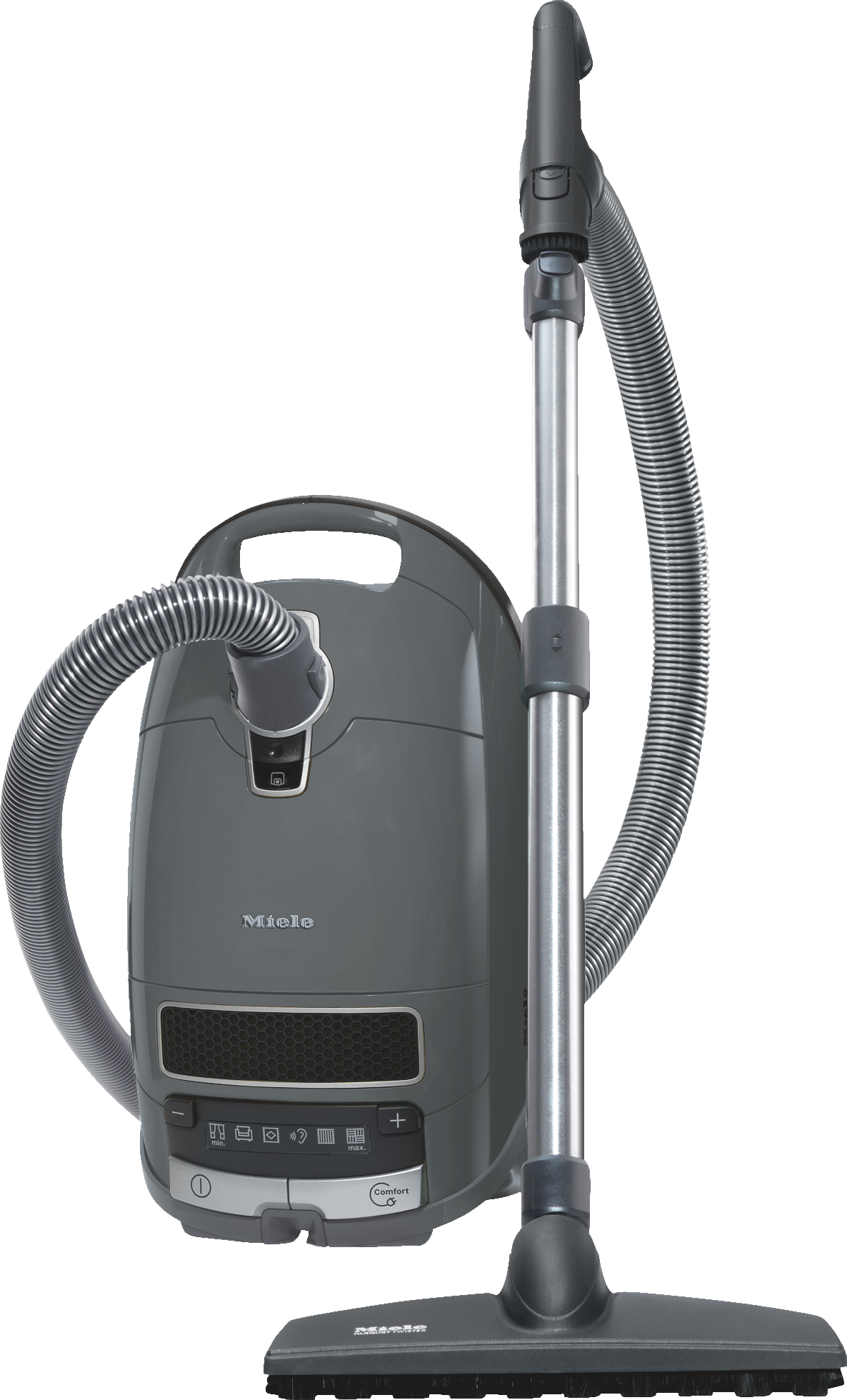 Ein grauer Miele Staubsauger. Er hat einen gebogenen Schlauch und einen langen Silbergriff mit Aufsätzen.