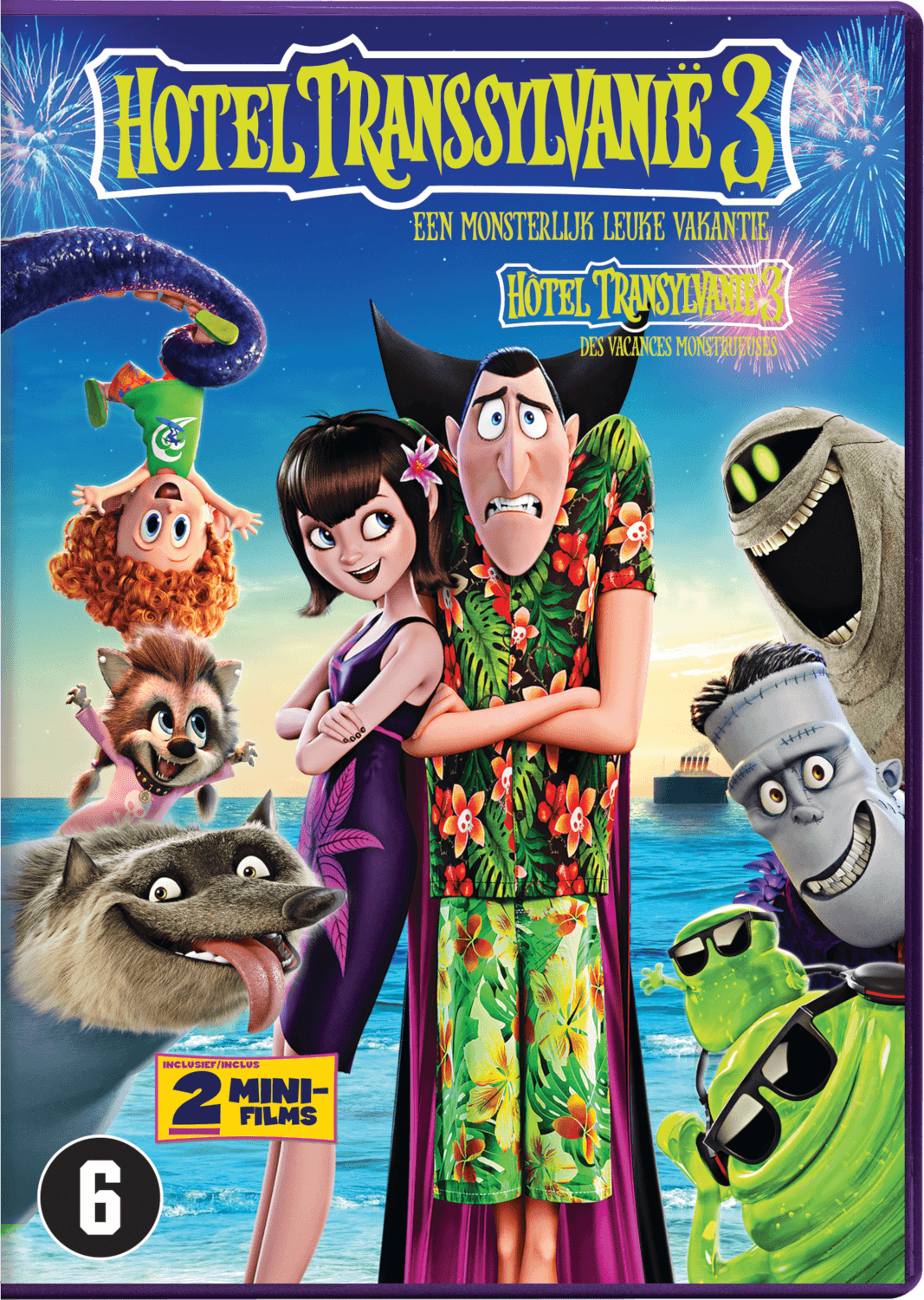Hotel Transylvania 3 DVD-hoes. Personages op strand met schip en monsters.
