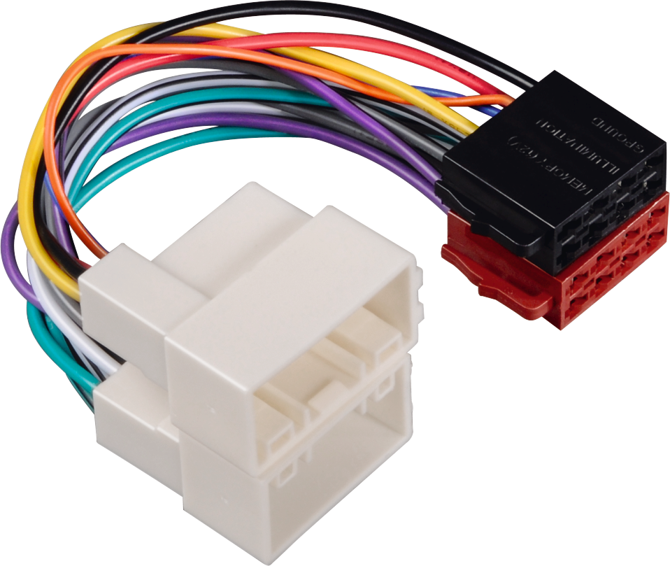 Kfz-Audio-Kabelbaum mit bunten Kabeln, weißen und schwarzen Steckern und einem roten Stecker.