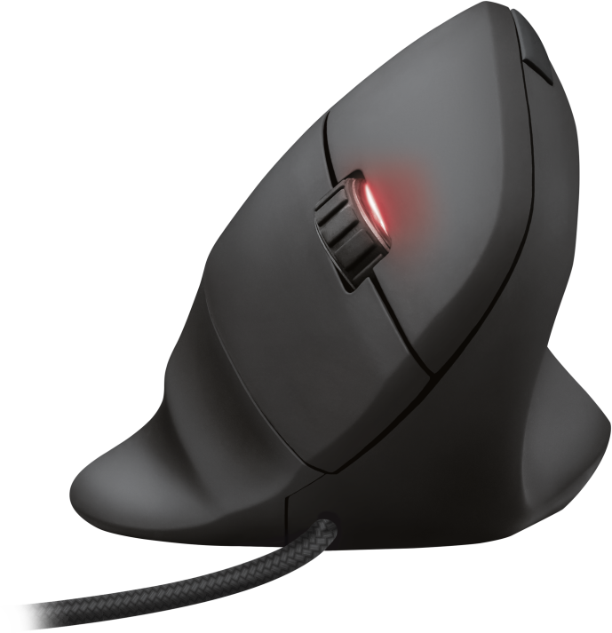 Fekete ergonomikus egér piros fénnyel a görgetőkeréken. A kábel balra van.