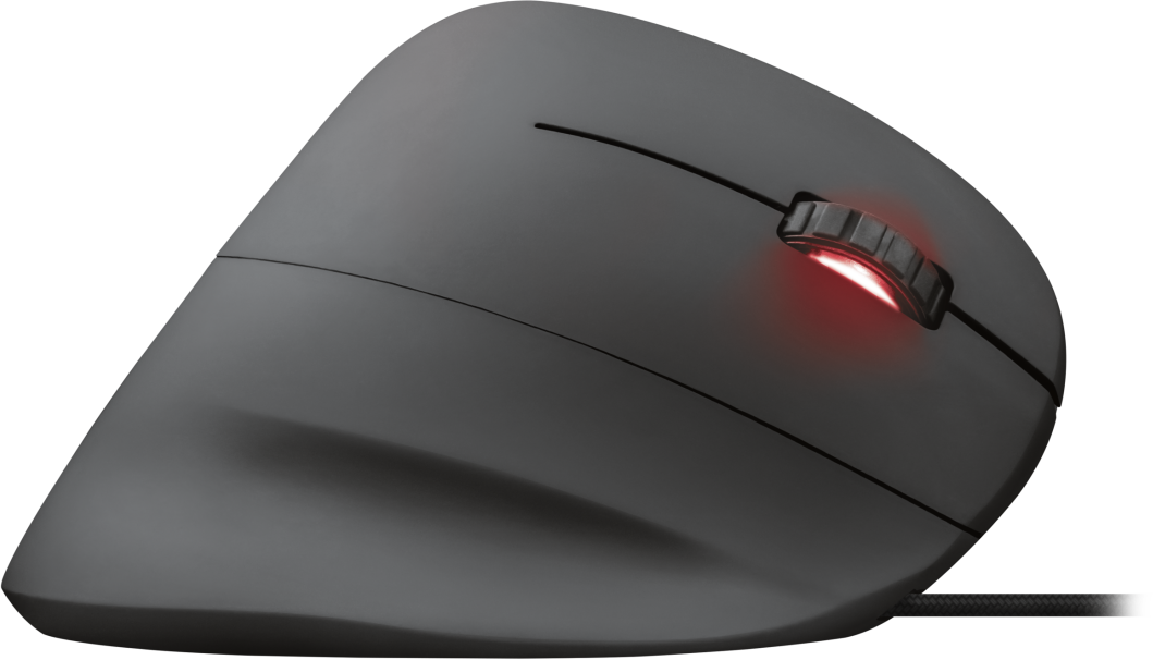 Szürke ergonomikus egér. Pirosan világító görgetőkerékkel és fekete kábellel rendelkezik.