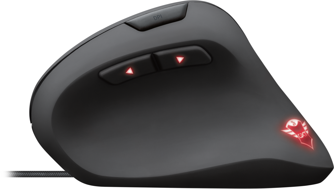 Fekete ergonomikus egér piros lámpákkal. DPI gombok és oldalsó gombok vannak rajta.