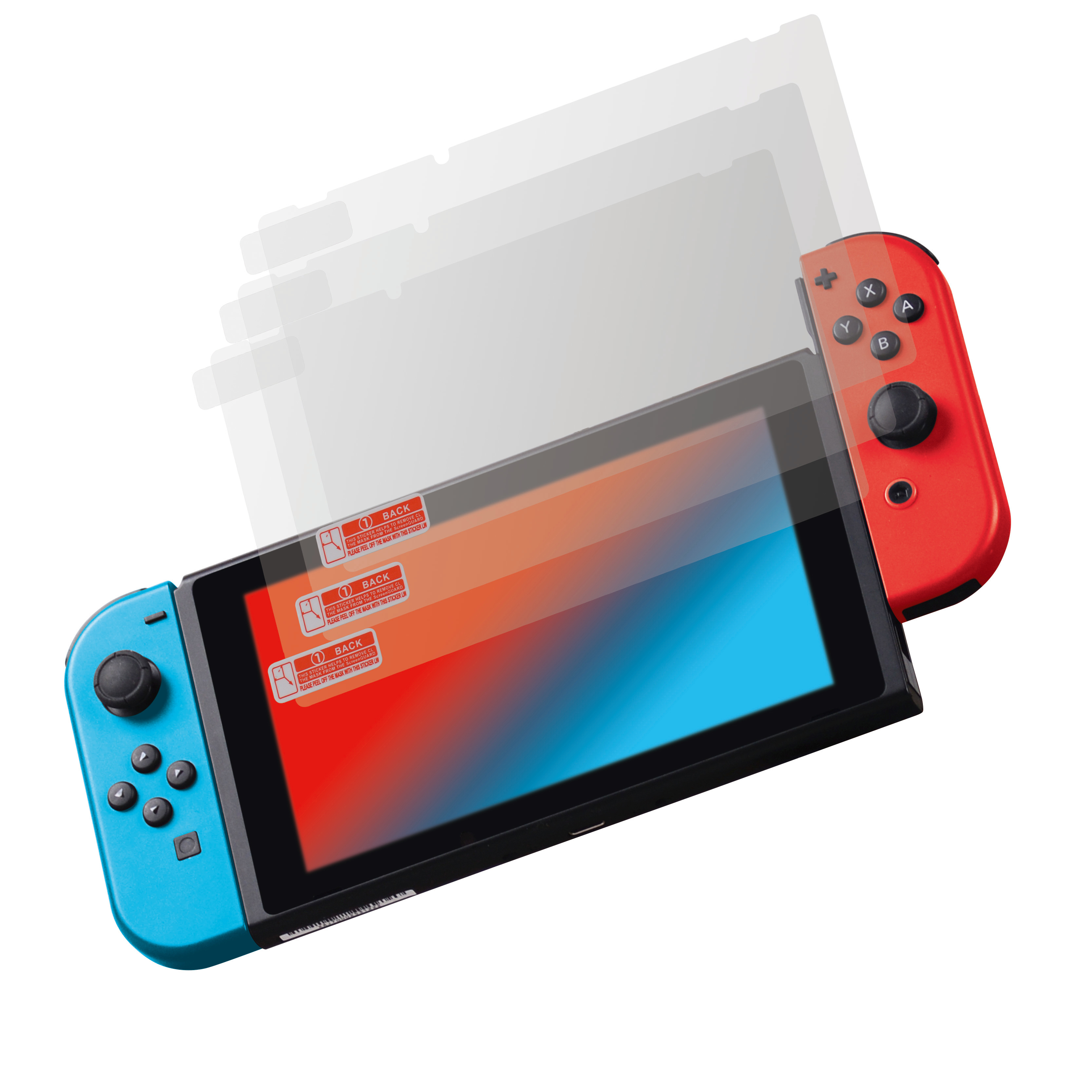 Eine Nintendo Switch mit angebrachten Displayschutzfolien.