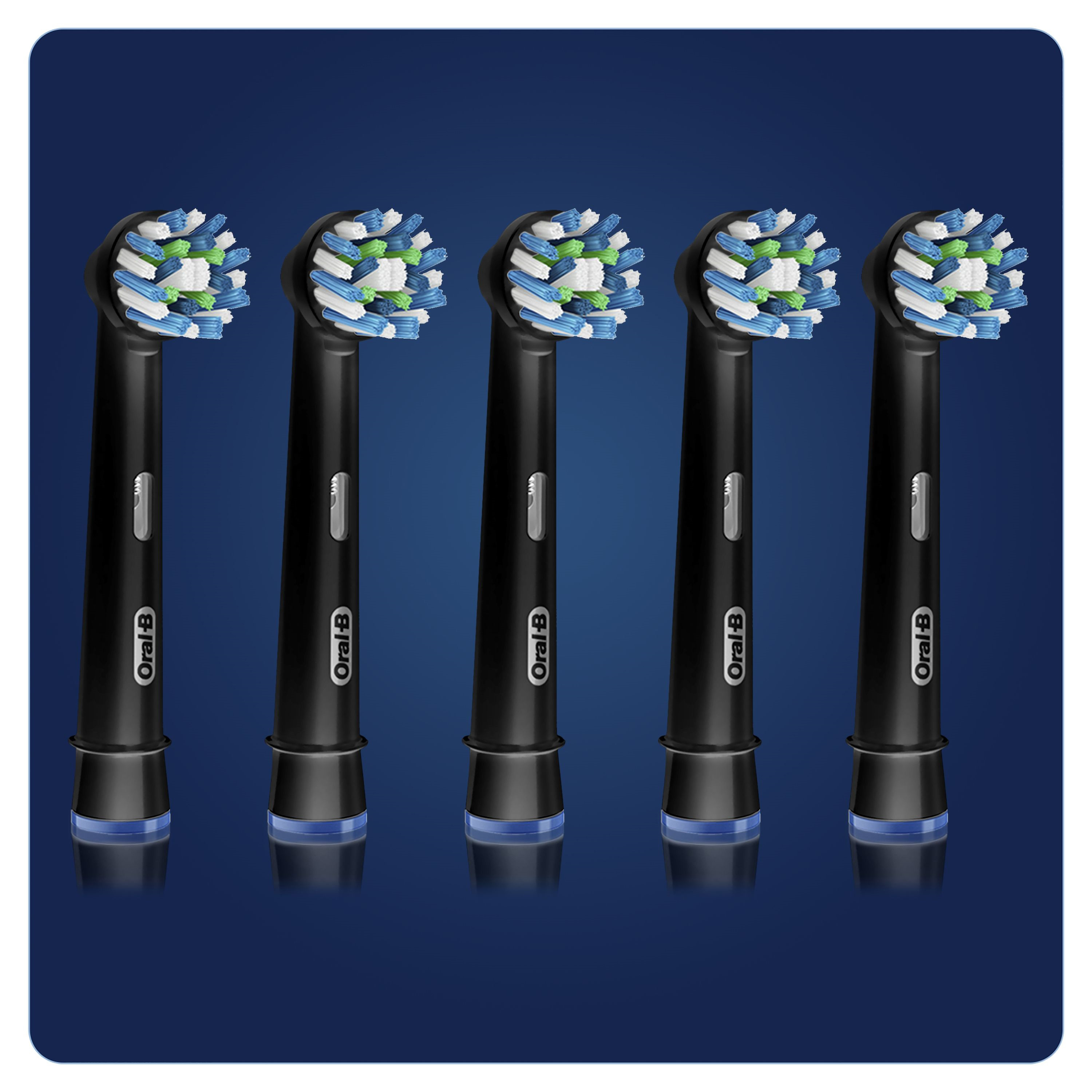 Fünf Oral-B Zahnbürstenköpfe. Schwarz mit bunten Borsten: weiß, blau und grün. Blauer Sockel.