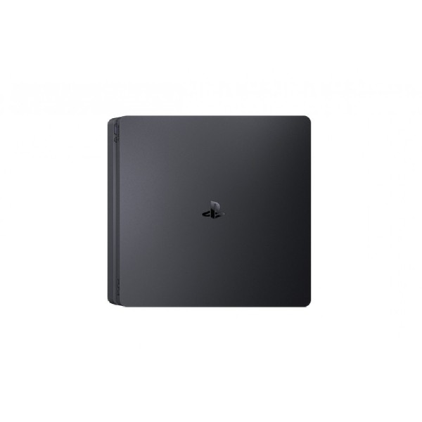Consola Playstation 4 negra. Vista superior, con el logotipo de Playstation visible.