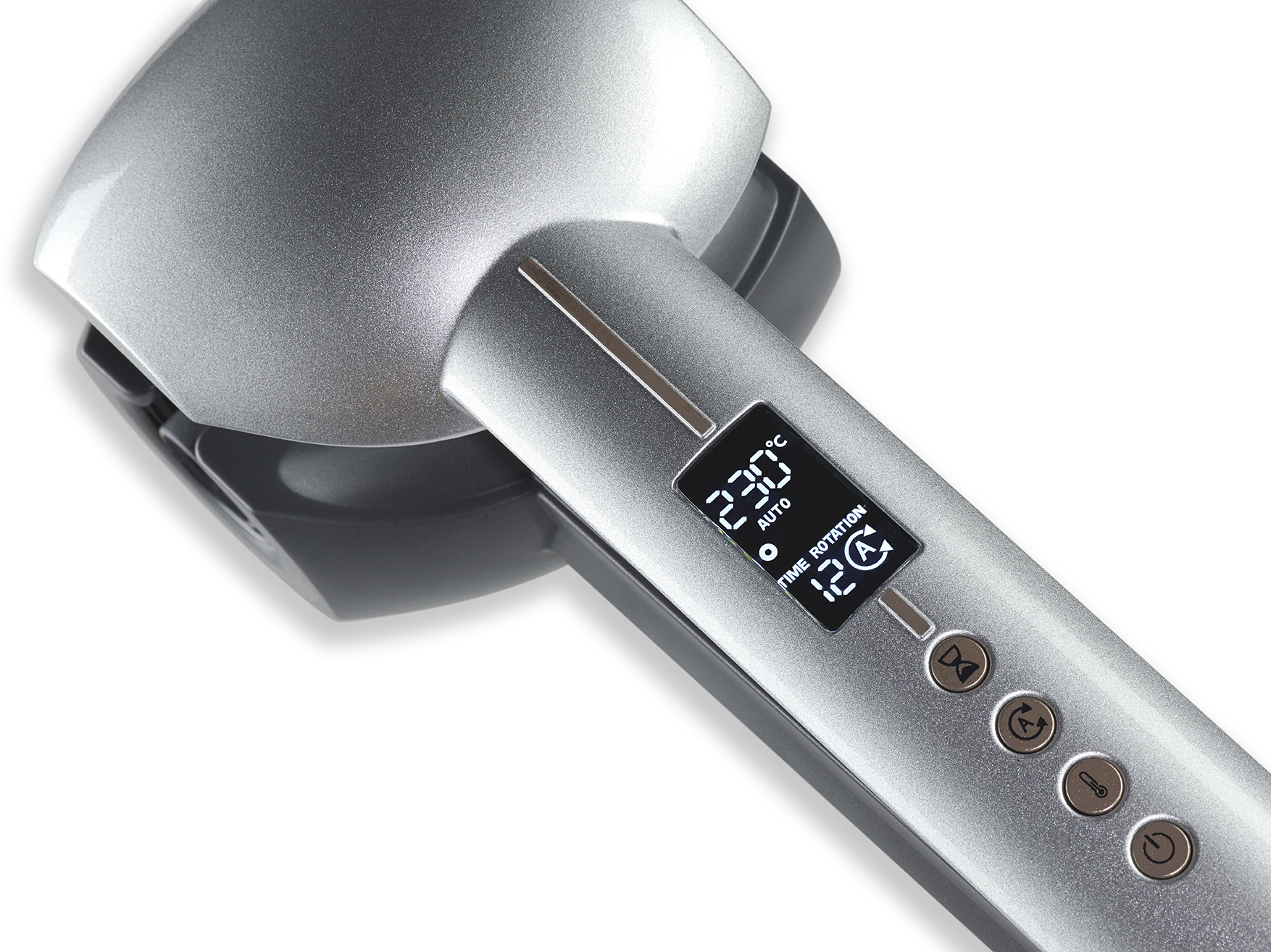 Silver curling iron with digital display showing temperature and time settings.