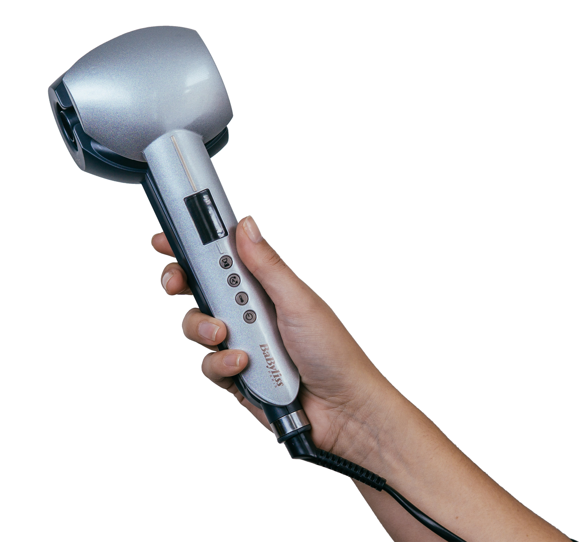 Hand holding a silver and black hair curler.