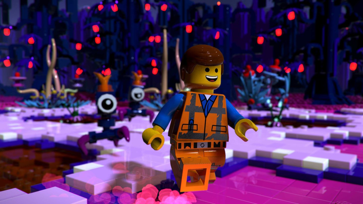 Figura Lego in un ambiente di gioco. I colori viola e rosa dominano la scena.