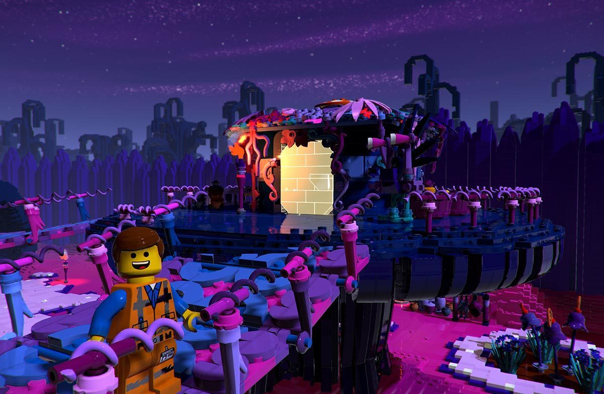 Una figura Lego è in piedi vicino a una struttura Lego in un ambiente colorato e fantastico, con una luce.