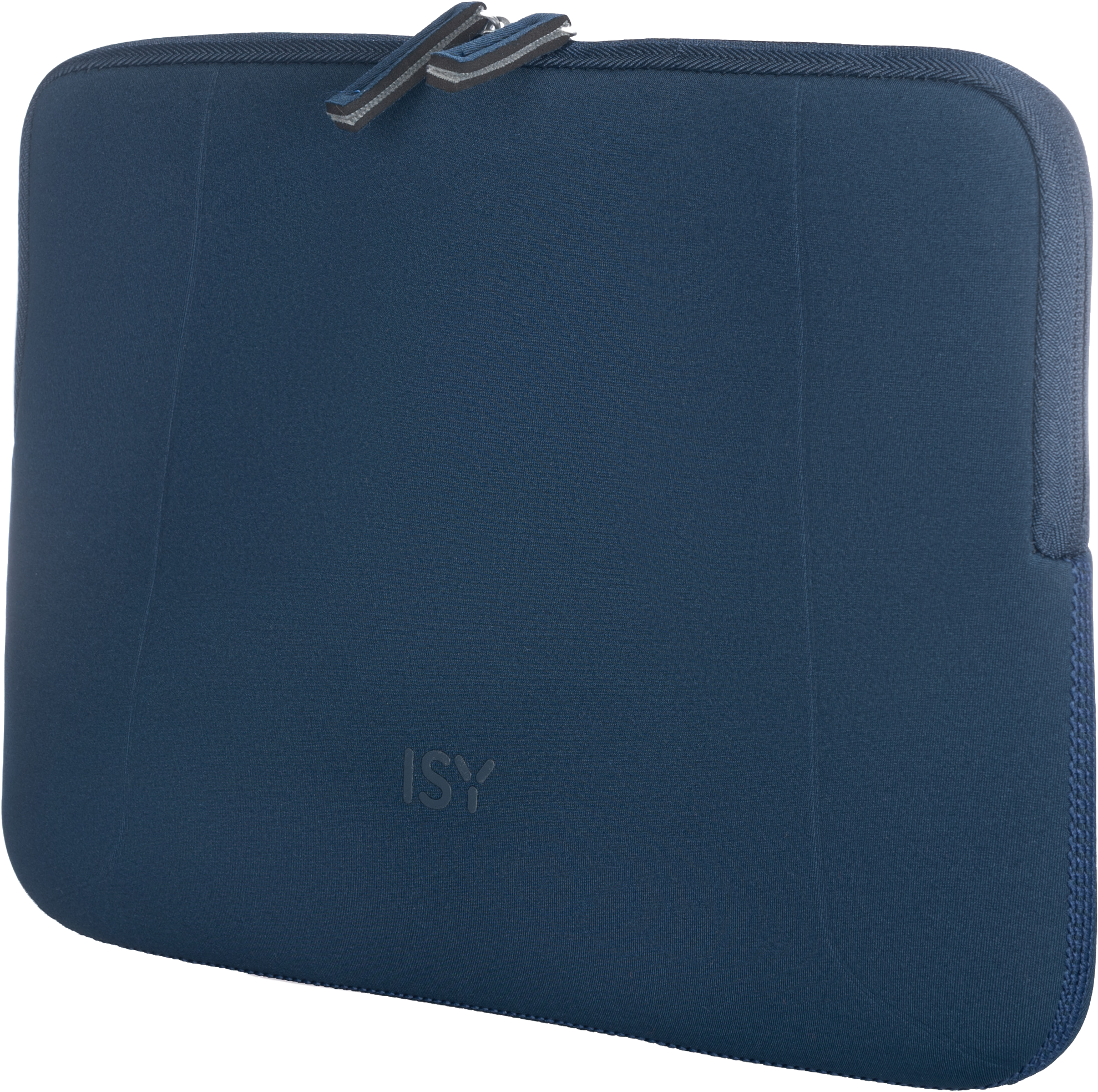 Kék laptop tok cipzárral. Az ISY szó van nyomtatva az alsó oldalára.