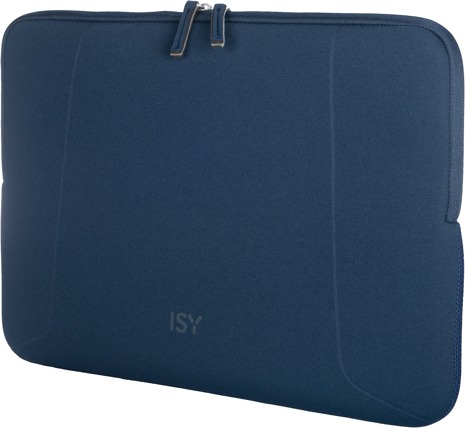 Kék laptop tok cipzárral. Az 'ISY' márka a fronton van nyomtatva.