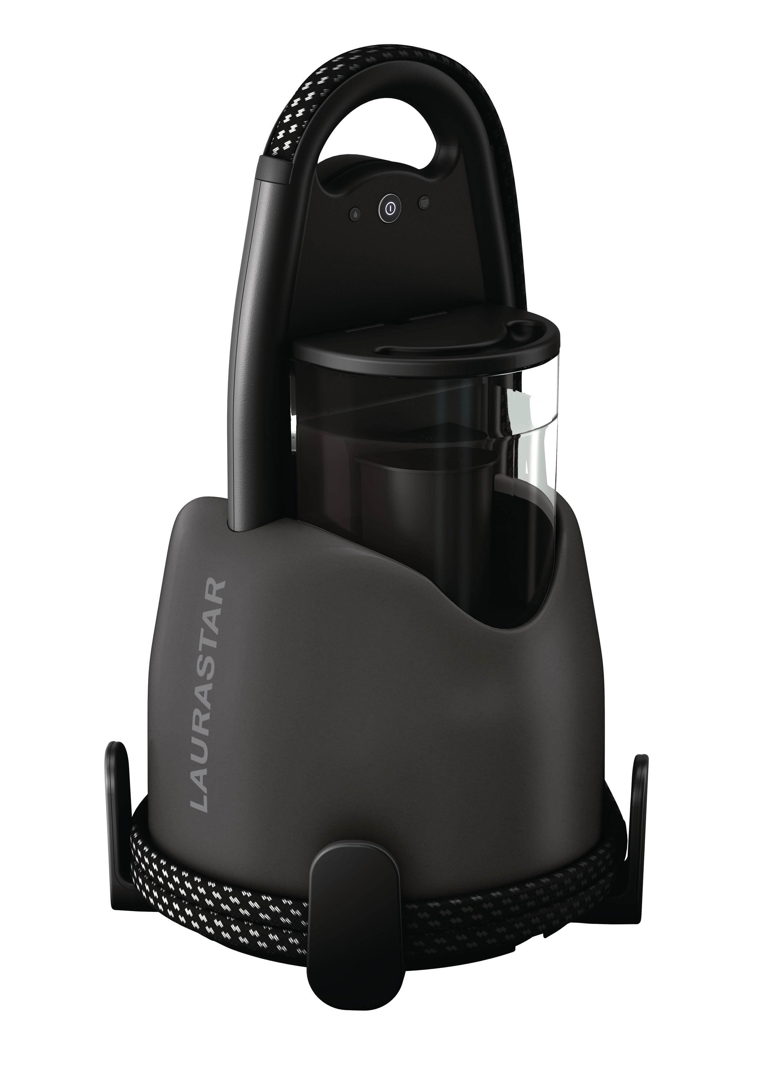 Ein schwarzes Laurastar-Bügeleisen mit Griff und Wassertank.