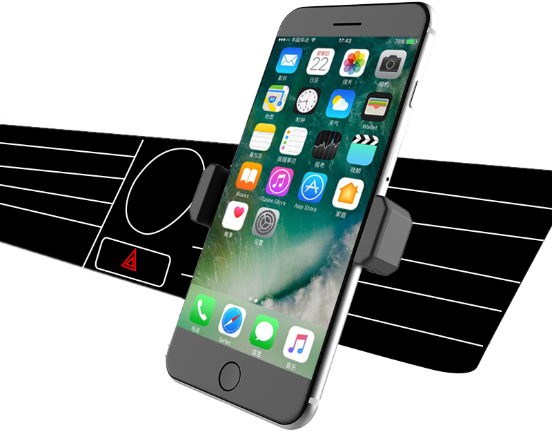 Egy telefon egy autós tartóban, térkép alkalmazást és ikonokat mutat, a műszerfalra rögzítve.