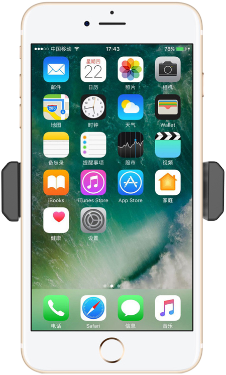 Egy arany iPhone alkalmazásokkal a képernyőn, egy telefontartóban.