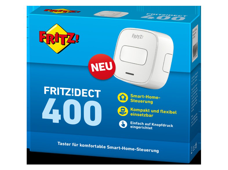 Eine blaue Box mit einem weißen Smart-Home-Gerät. Der Text lautet 'FRITZ!DECT 400'.