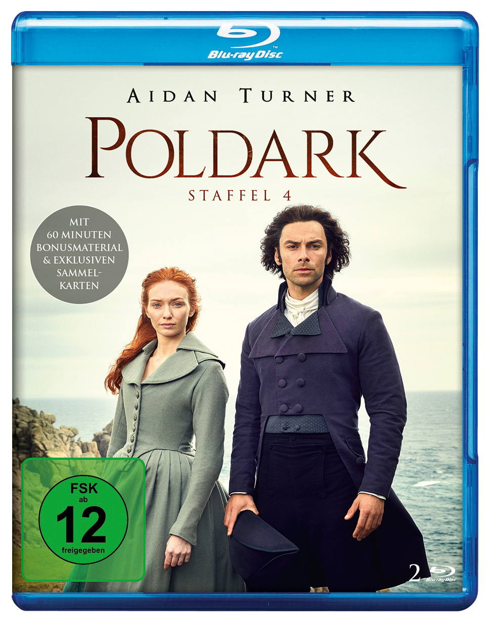 Blu-ray-Box von Poldark mit Aidan Turner und einer Frau, mit blauem Rahmen und Text.