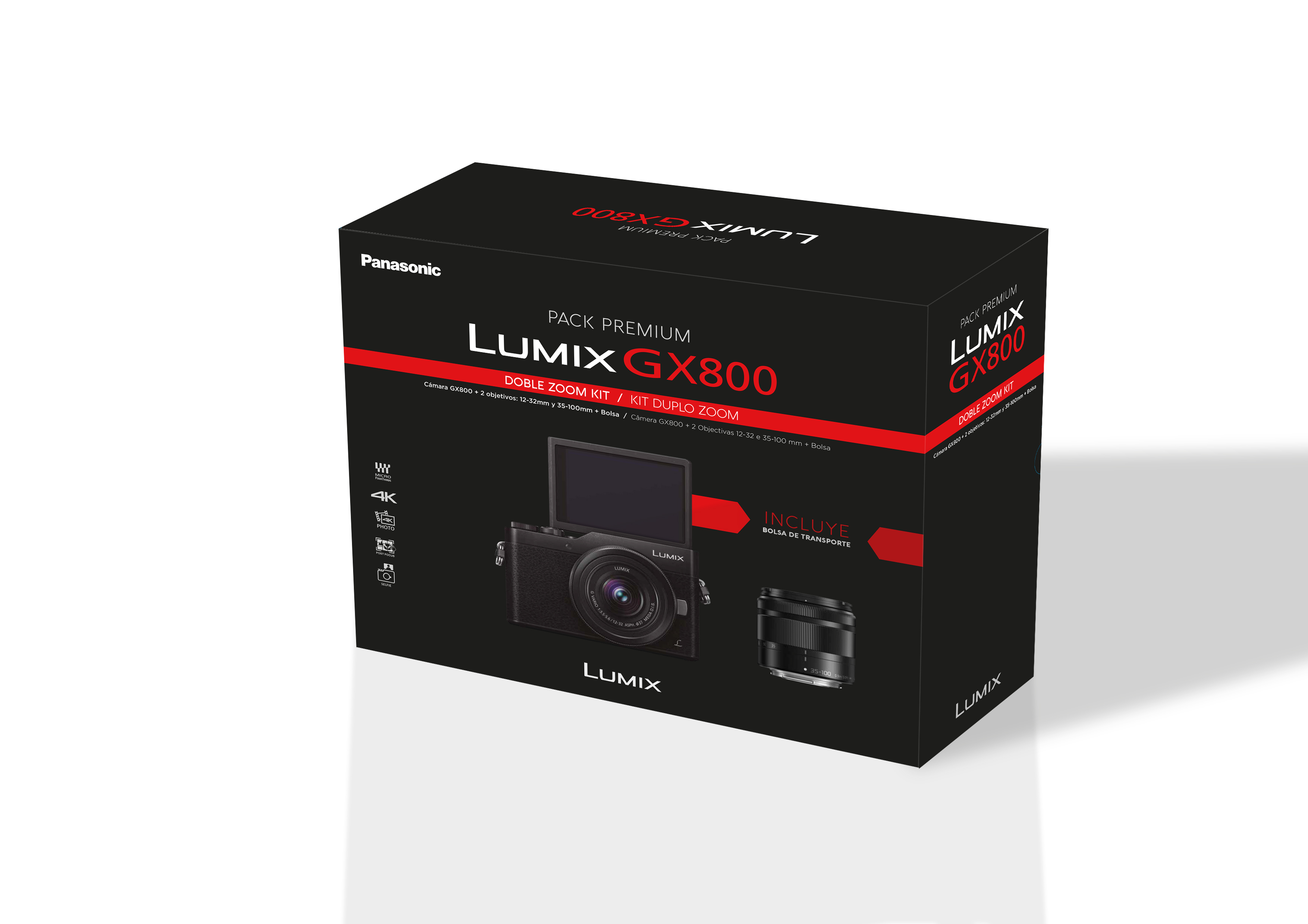 Cámara - Panasonic Lumix GX800+ Lumix 12-32+ Lumix 35-100, 16 Mpx, 4K, Wi-FI