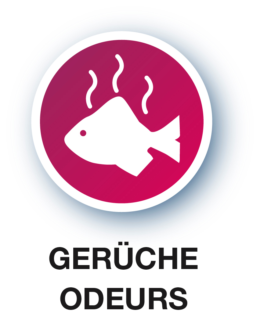Icon eines Fisches mit Dampf in einem roten Kreis, Text 'GERÜCHE' und 'ODEURS'.