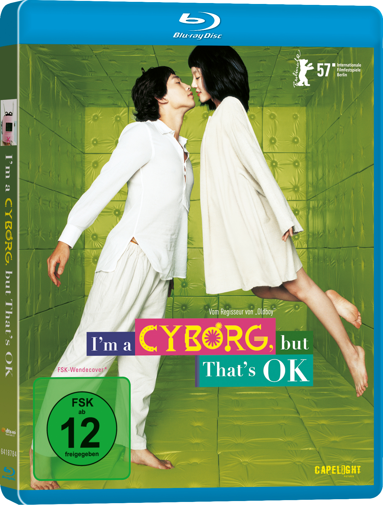 Film-DVD-Cover. Zwei Personen küssen sich. Text: I'm a Cyborg, but That's OK.