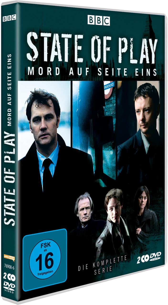 State of Play DVD-Cover. Schauspieler in Schwarz, Titel in Weiß. BBC-Logo.